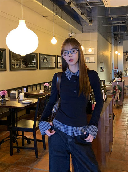 Fashion Fake Two-piece Slim-fit Long-sleeved T-shirt For Women