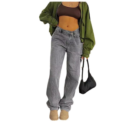 Fashionable Oblique Waist Low Waist Loose Hole Jeans For Women