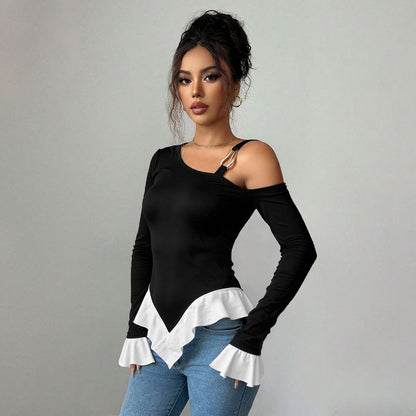 Black One-shoulder Strap Metal Ring Buckle Embellished With Ruffled Hem Top For Women