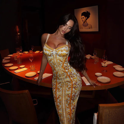 Women's Elegant Retro Printed Sleeveless Slip Dress With Waist-Cinching Design For A Slimming Look