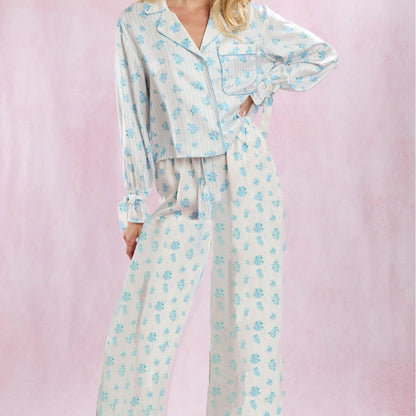 Silk-like Printed Floral Long-sleeved Lapel Pajamas Suit
