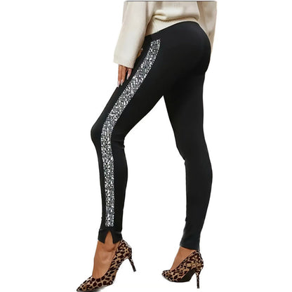 Women's All-match Solid Color Sequin Patchwork Slit Leggings
