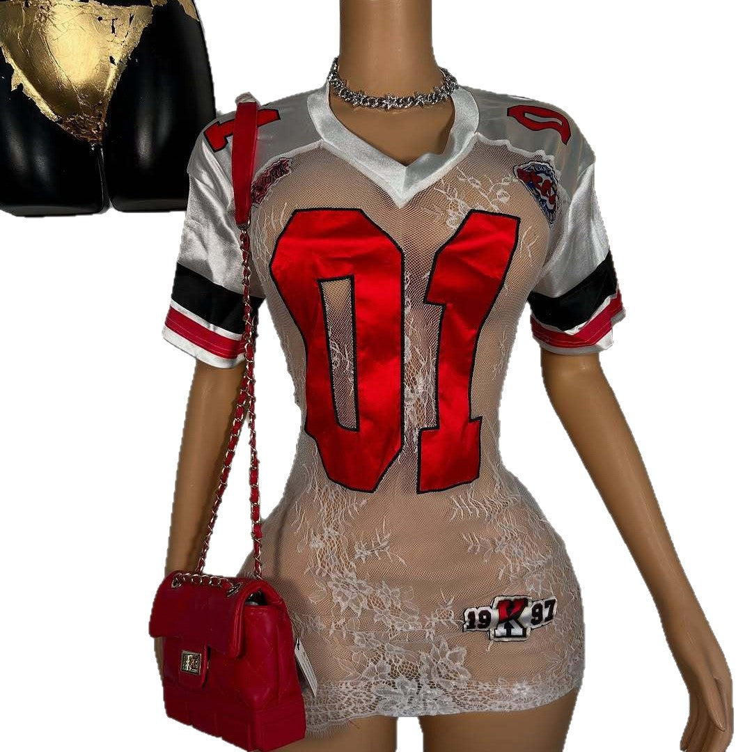 Women's Fashionable And Sexy Lace Embroidered Letter Short-Sleeve Dress