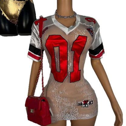 Women's Fashionable And Sexy Lace Embroidered Letter Short-Sleeve Dress