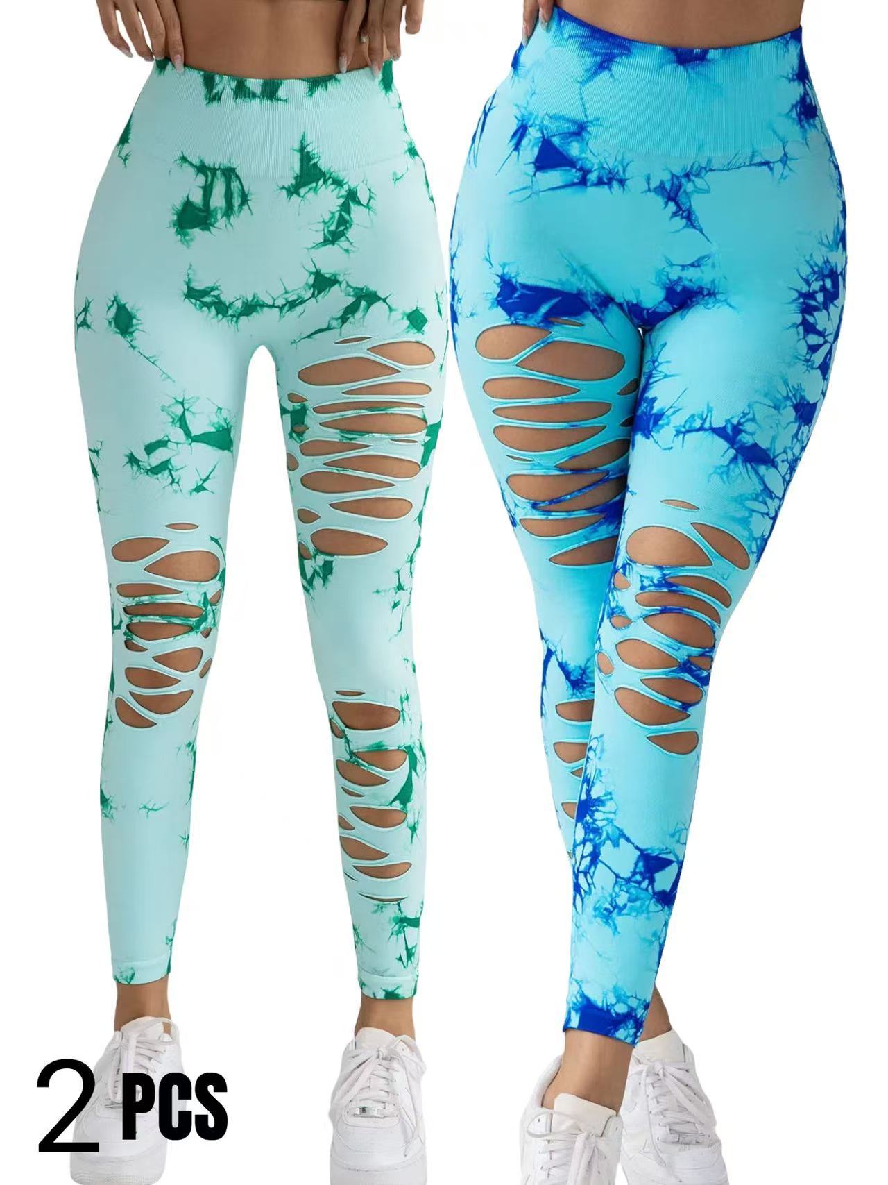 2 Pack New Style Hollow-Out Tie-Dye High-Waisted Tummy-Control Yoga Pants