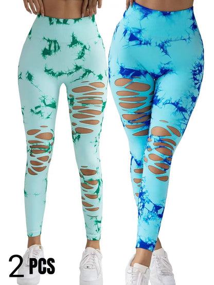 2 Pack New Style Hollow-Out Tie-Dye High-Waisted Tummy-Control Yoga Pants