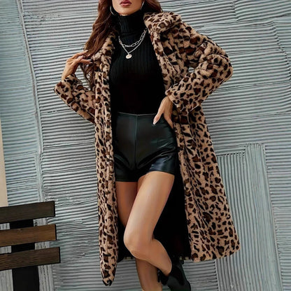 Fashion Loose Casual Mid-length Fur Leopard Print Coat Jacket Trench Coat