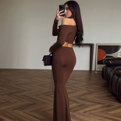 Women's Fashion Shoulder-baring Long-sleeved Top Slim Skirt Suit