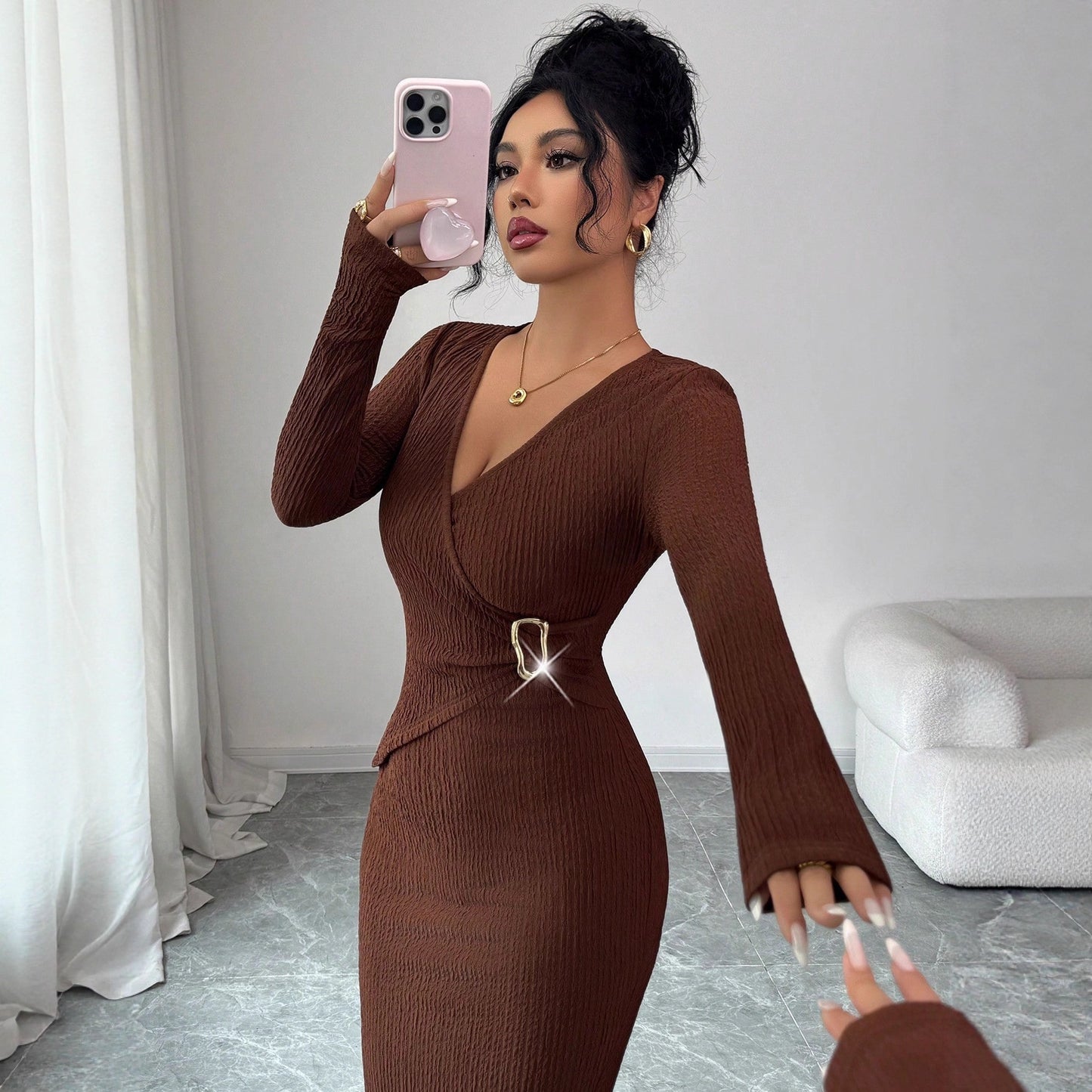 Cross-collar Knit Texture Slim-fit Slimming Dress
