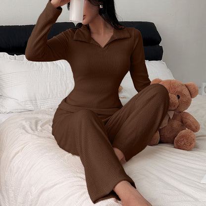 New Knitted Polo Collar Long-sleeved Casual Trousers Pajamas Homewear Suit
