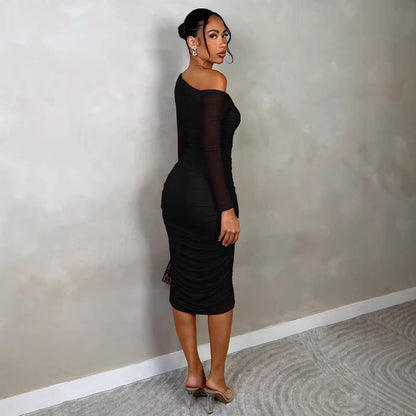 One-Shoulder Mesh Long-Sleeve Pleated Bodycon Dress