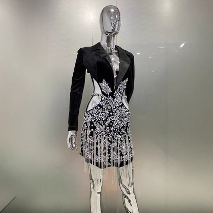Luxury Rhinestone Tassel Sexy Cutout Suit Dress