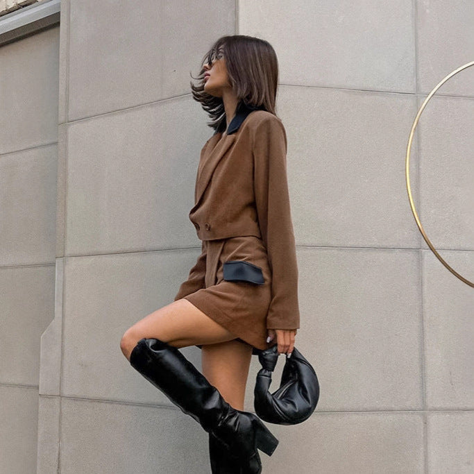 Fashion Casual Women's Short High Waist Color Stitching Irregular Skirt Two-piece Set