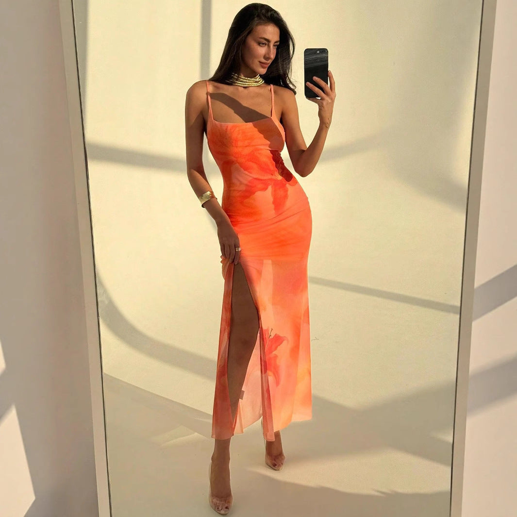 Feminine Pleated Print Chiffon Slim Fit Bandage Halter Dress