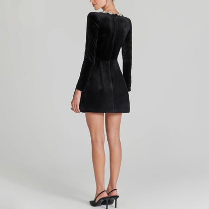 Women's Rhinestone Square Neck Velvet Dress, Long Sleeve Bodycon A-Line Mini Dress