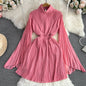 Horn Long Sleeves Stand Collar Waist A-line Chiffon Dress