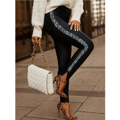 Women's All-match Solid Color Sequin Patchwork Slit Leggings
