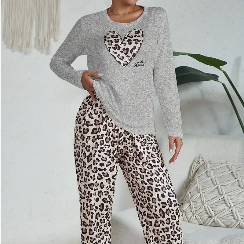 Casual Heart Leopard Print Pajamas Set Loose Long Sleeve Ladies