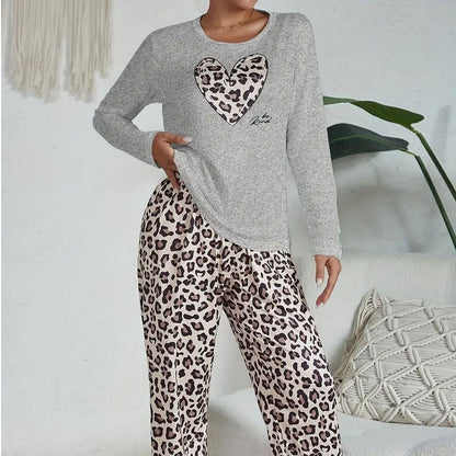 Casual Heart Leopard Print Pajamas Set Loose Long Sleeve Ladies