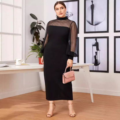 Commuting Mesh Spliced Semi-high Neck See-through Bodycon Long Dress