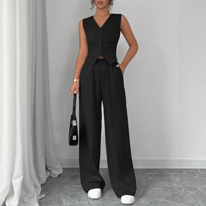Elegant Button-front Sleeveless Vest And Trousers Set