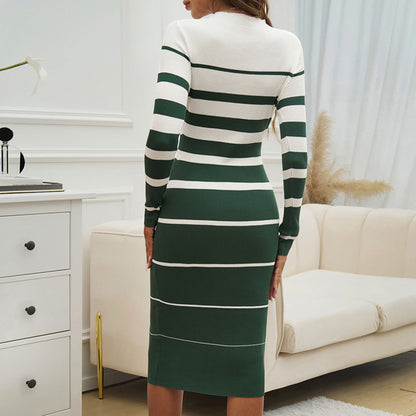 Women's Long Sleeve Bodycon Sweater Dress Round Neck Ribbed Striped Midi Dress For Dinner Dates And Formal Events
