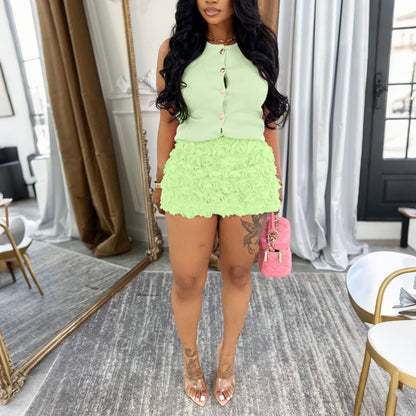 Womens Sleeveless Top With 3D Floral Design And A Figure hugging Midi Skirt