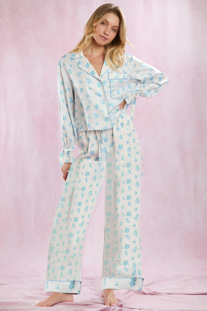 Silk-like Printed Floral Long-sleeved Lapel Pajamas Suit