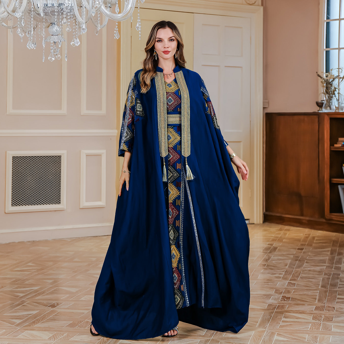 Middle East Muslim Embroidered Robe Abaya Light Luxury Evening Gown Two-piece Set Dress
