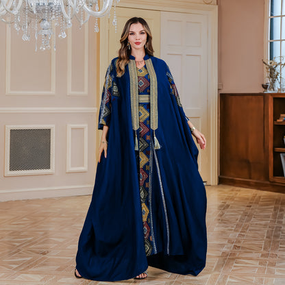 Middle East Muslim Embroidered Robe Abaya Light Luxury Evening Gown Two-piece Set Dress