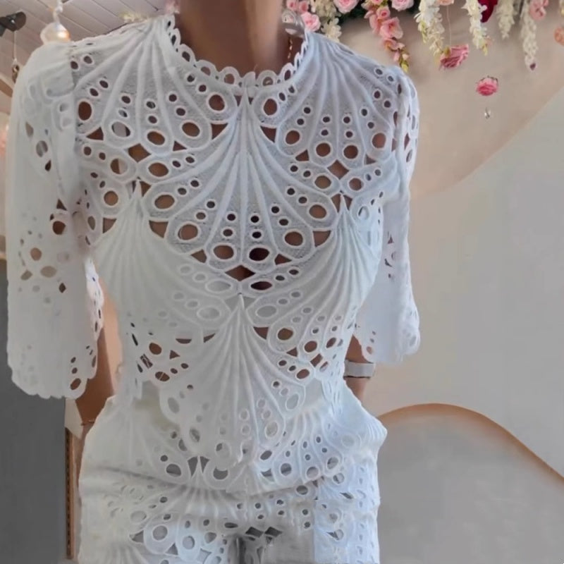 White Short Hollow Lace Fabric Short Sleeve Top Suit Slim Fit