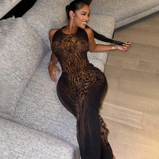 Printed Sleeveless Top Tight Trousers Suit For Women