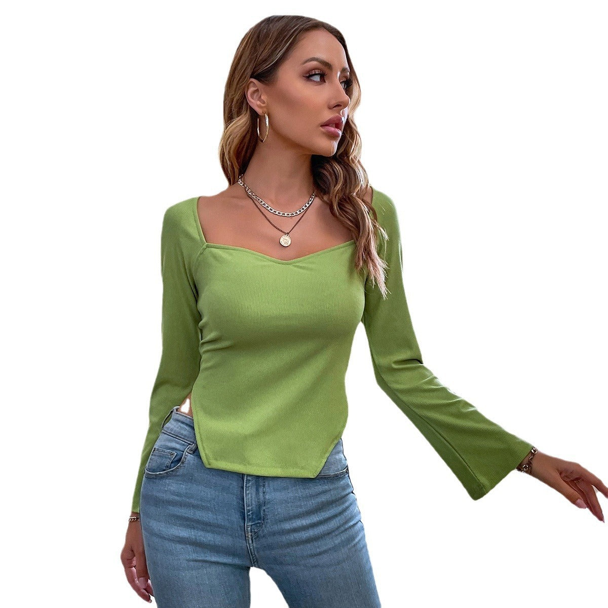 Women's Elegant Commuting Slim-fit Irregular Flared Sleeve Short Long-sleeved Top
