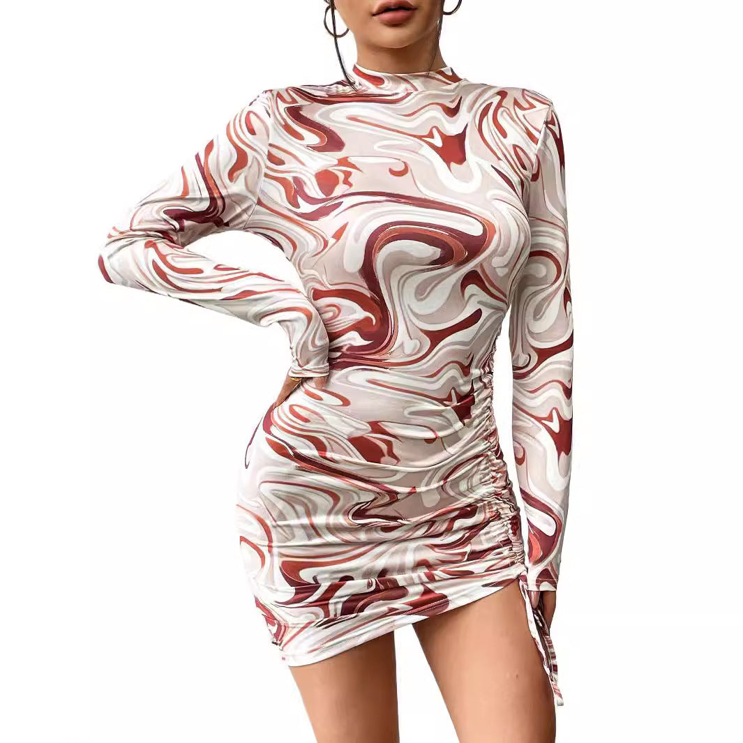 Drawstring Pleated Abstract-print Crew-neck Sexy Long-sleeve Dress