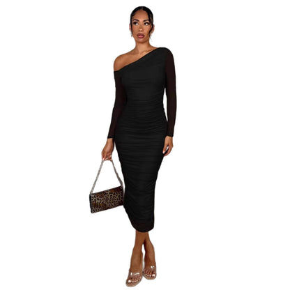 One-Shoulder Mesh Long-Sleeve Pleated Bodycon Dress