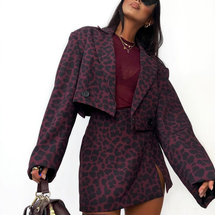 Lapel Long Sleeve Short Print Skirt Suit For Women