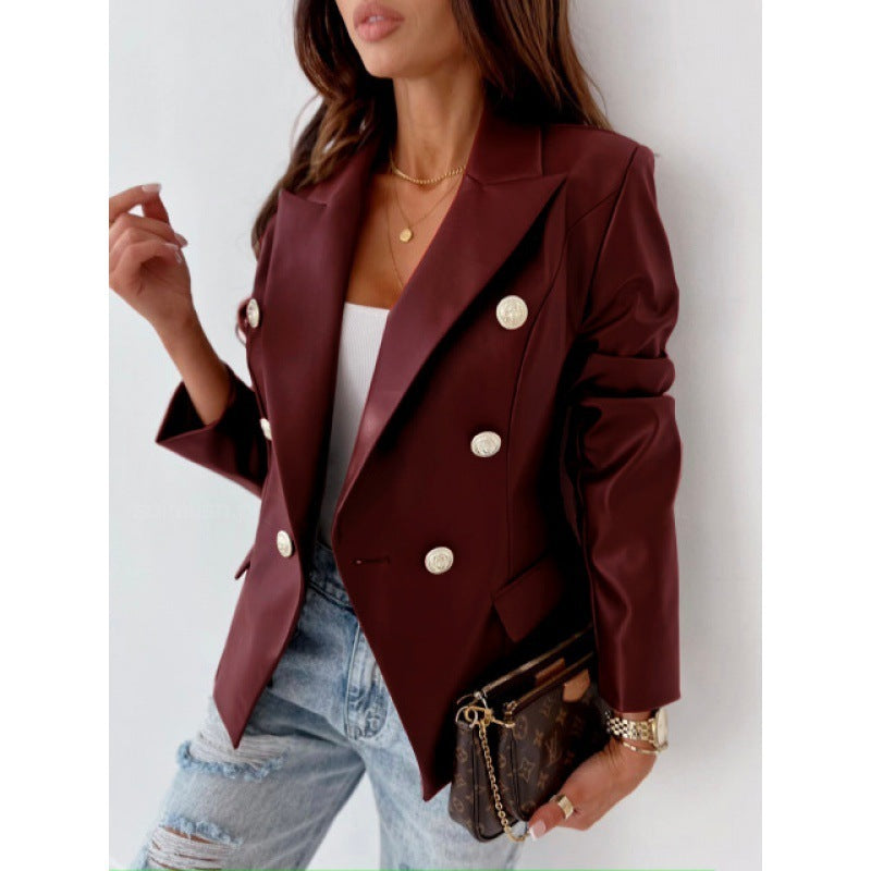 Long Sleeve Double Breasted Fashion PU Leather Suit