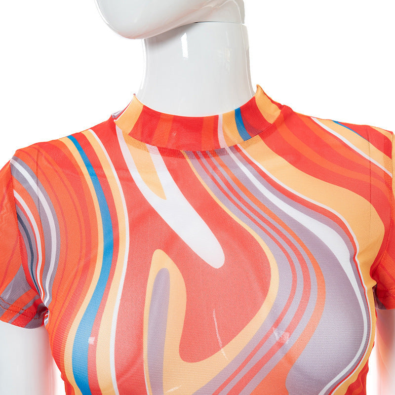 Printed Lace Up Body Stocking Casual Suit Tie-dye Waist Tether Short Sleeve Mesh Pantyhose