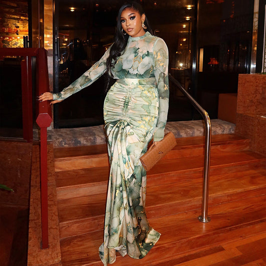 Printed Waist-wrapped Slim Fit Skirt Pleated Dress High Collar Two-piece Set