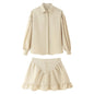 Elegant Lapel Style Button Up Shirt With Ruffle Hem And Matching Skirt Set