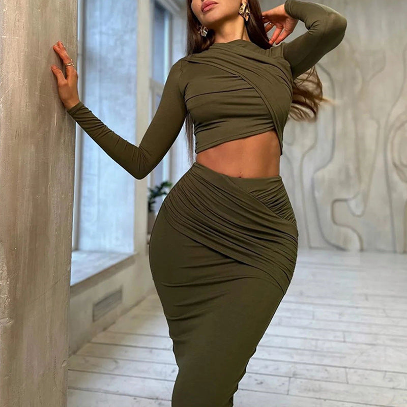 Round-neck Irregular Long-sleeved Crop Top Casual Skirt Two-piece Set