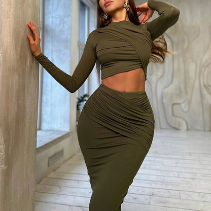 Round-neck Irregular Long-sleeved Crop Top Casual Skirt Two-piece Set