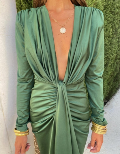 Solid Color Lace High Waist V-neck Dress