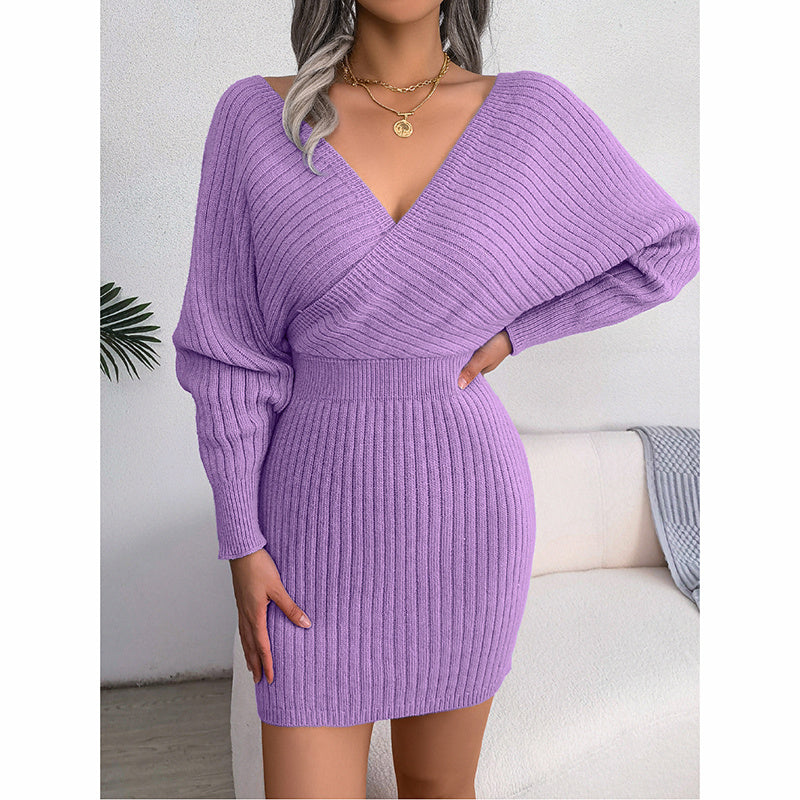 Women's Batwing Sleeve Sweater Dress - Sexy Off The Shoulder V-Neck Mini Dress, Solid Color