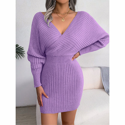 Women's Batwing Sleeve Sweater Dress - Sexy Off The Shoulder V-Neck Mini Dress, Solid Color
