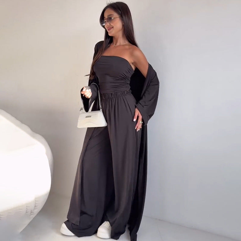 Casual Loose Cardigan Straight-leg Pants Tube Top Suit