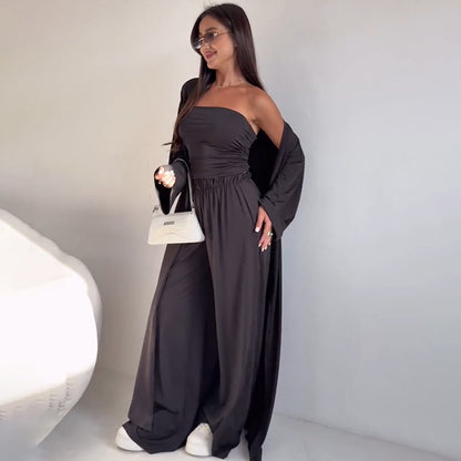 Casual Loose Cardigan Straight-leg Pants Tube Top Suit