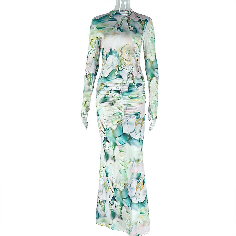 Printed Waist-wrapped Slim Fit Skirt Pleated Dress High Collar Two-piece Set