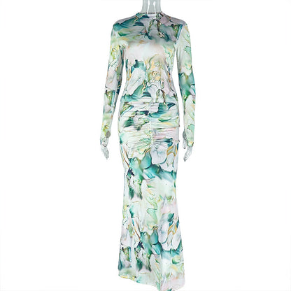 Printed Waist-wrapped Slim Fit Skirt Pleated Dress High Collar Two-piece Set