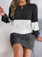 Casual Color Block Cable Knit Lantern Sleeve Sweater Dress